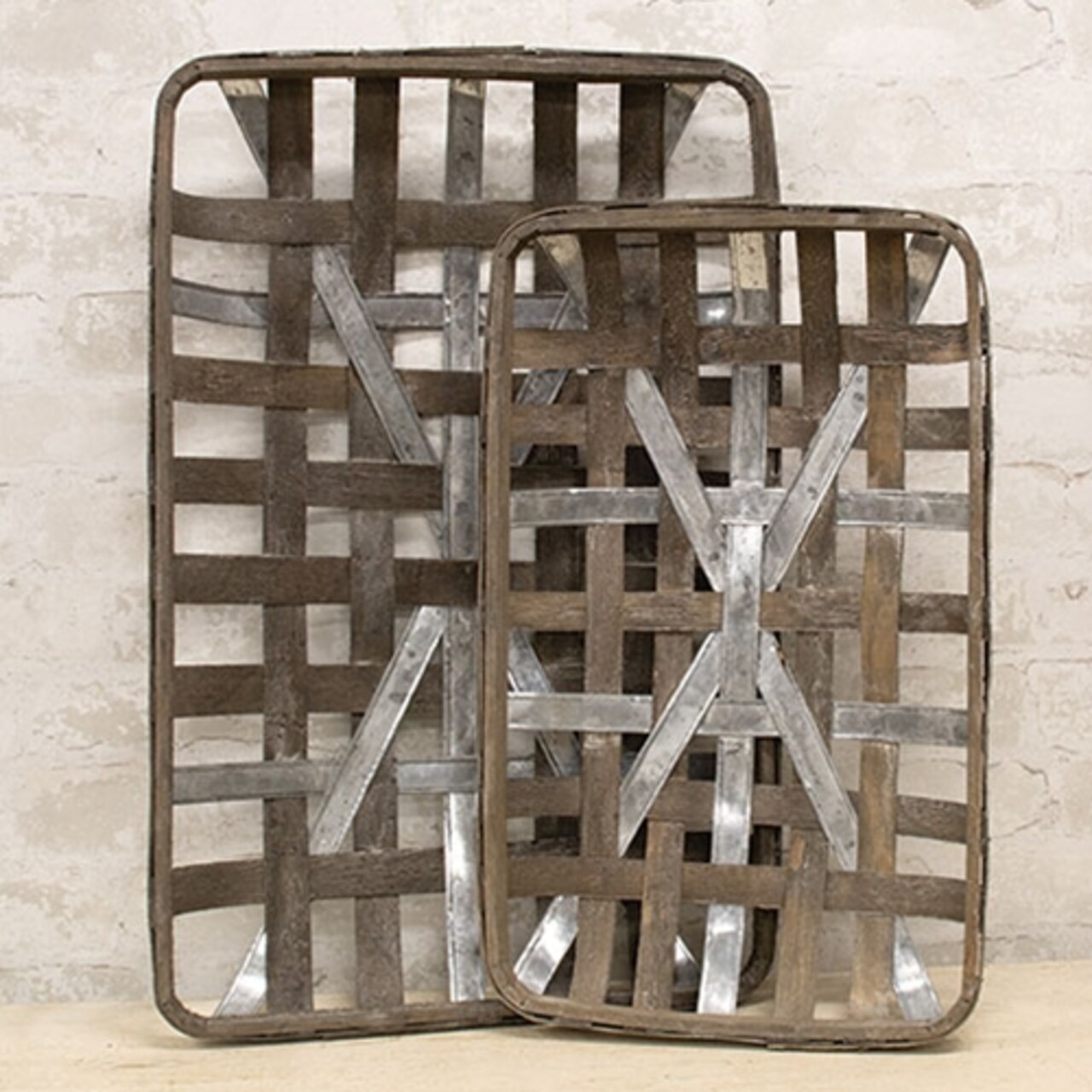 Set of 2 Gray Wash Rectangle Tobacco Baskets Wood Metal Farmhouse Wall Decor